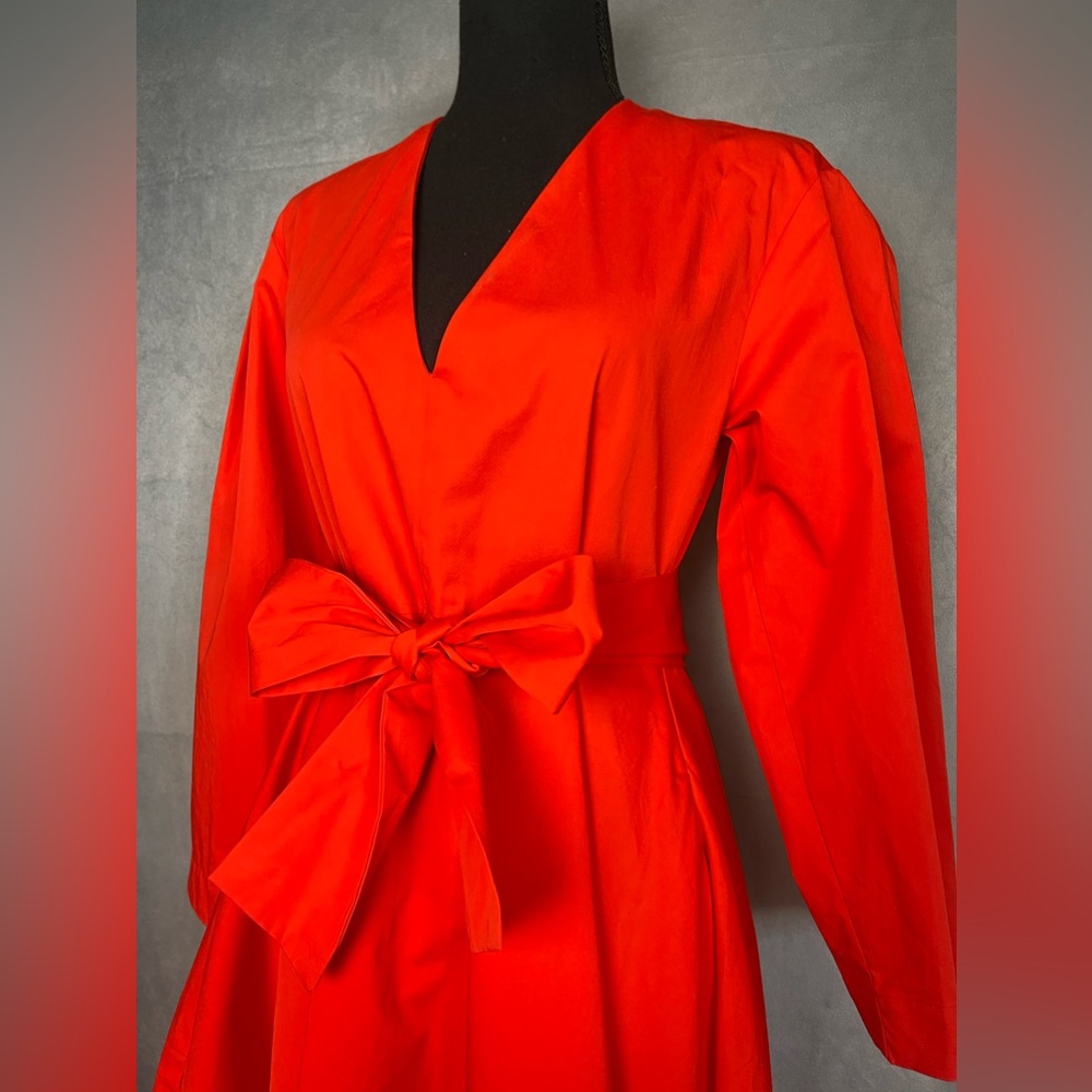 Red Midi Wrap Dress with Balloon Sleeves - Picture 5 of 10